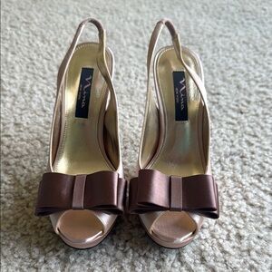 Nina Brown Satin Heels with Bow Detail